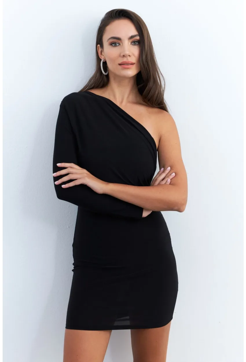 Kadın Siyah Kruvaze Tek Kol Mini Yılbaşı Elbise ELT4035