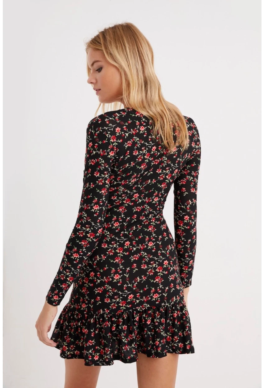 Kadın Siyah Kruvaze Volanlı Mevsimlik Skater Elbise EY1027