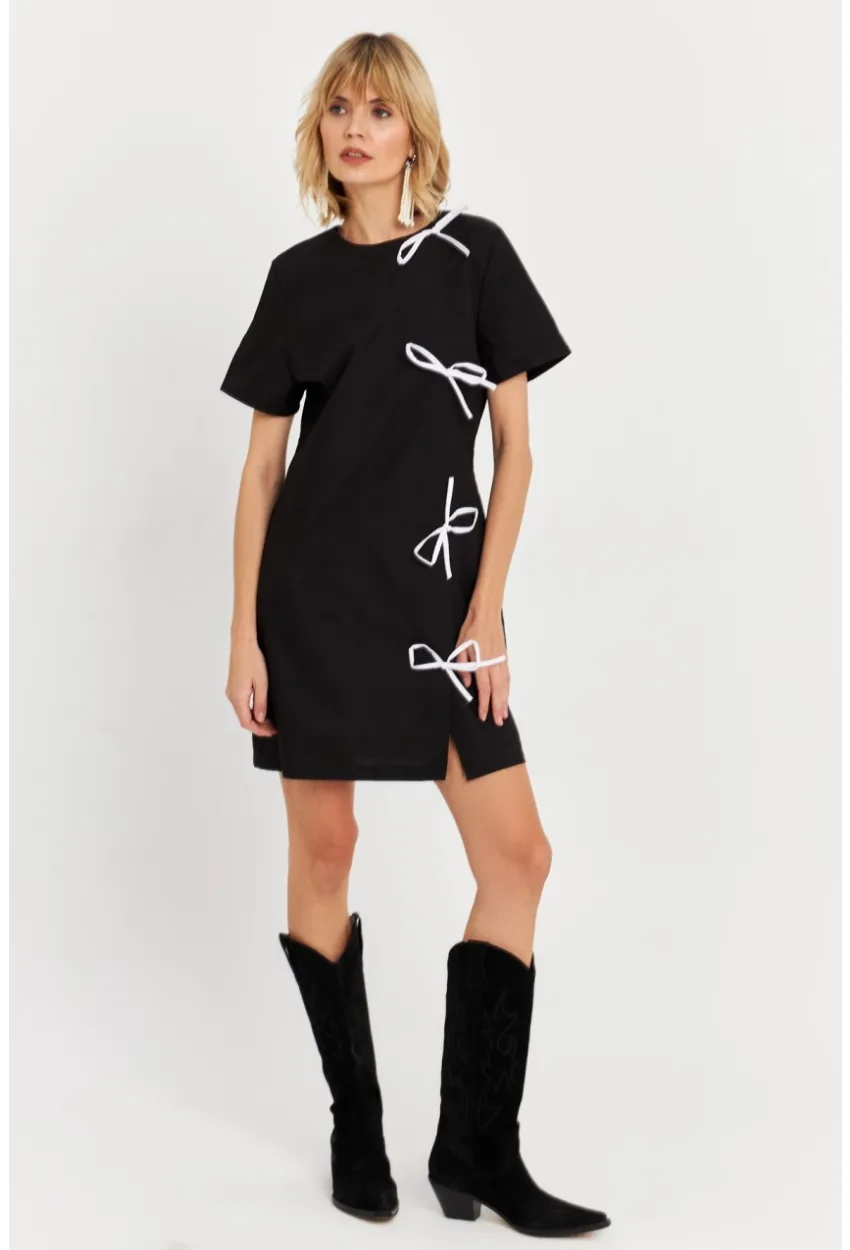 Kadın Siyah Kurdele Detaylı Mini Elbise DAF5025