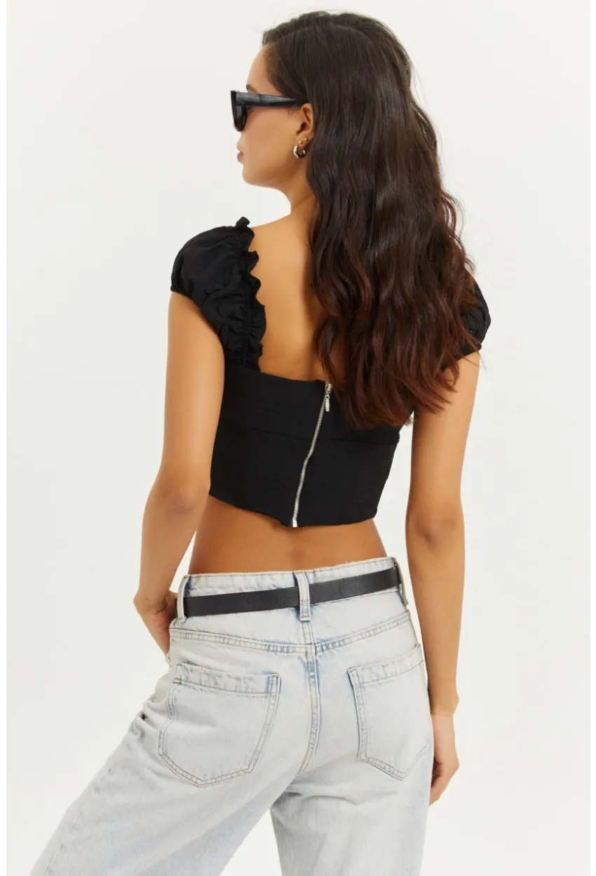 Kadın Siyah Kuşgözlü Crop Bluz YEL26