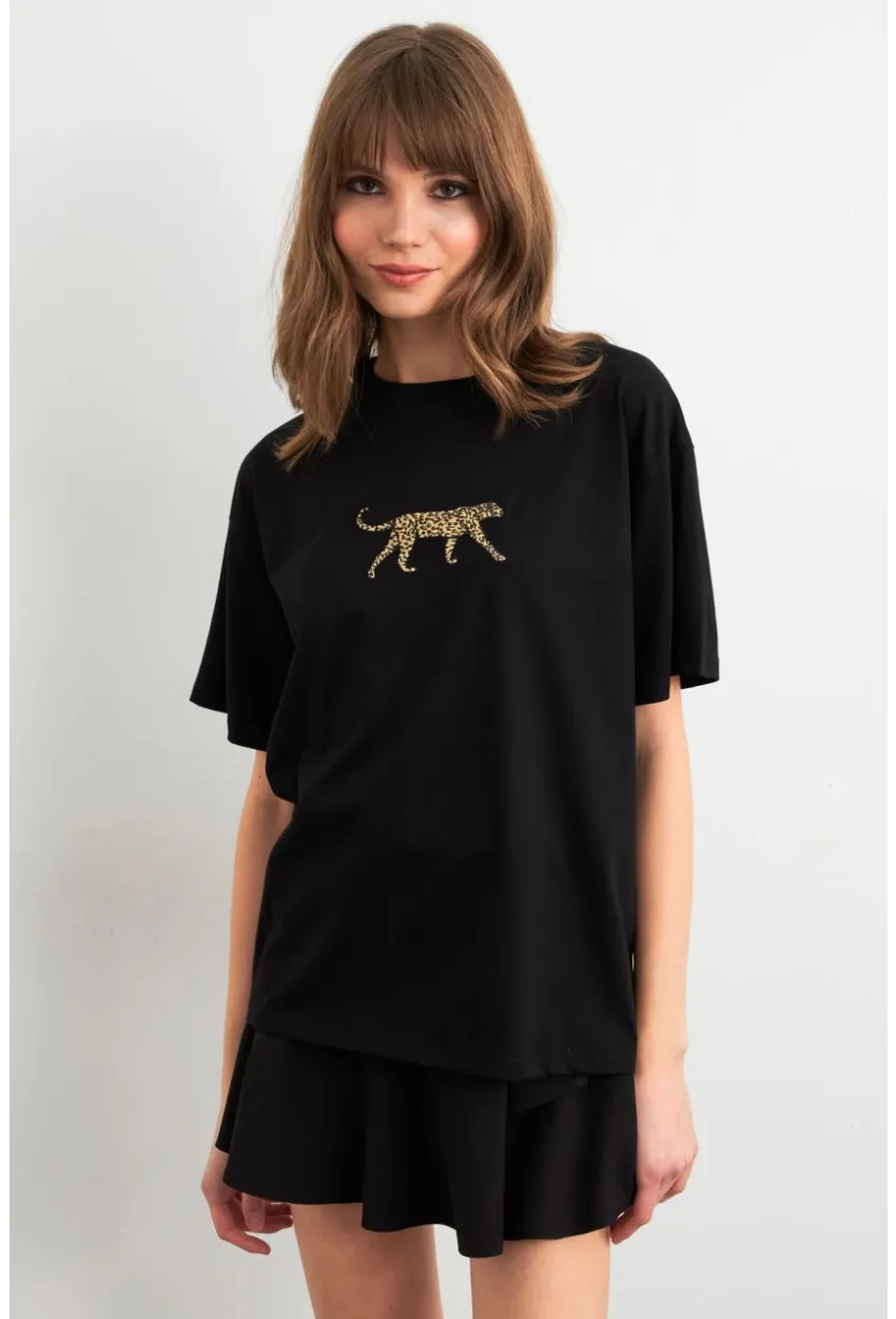 Kadın Siyah Leopar Baskılı T-Shirt RLO110