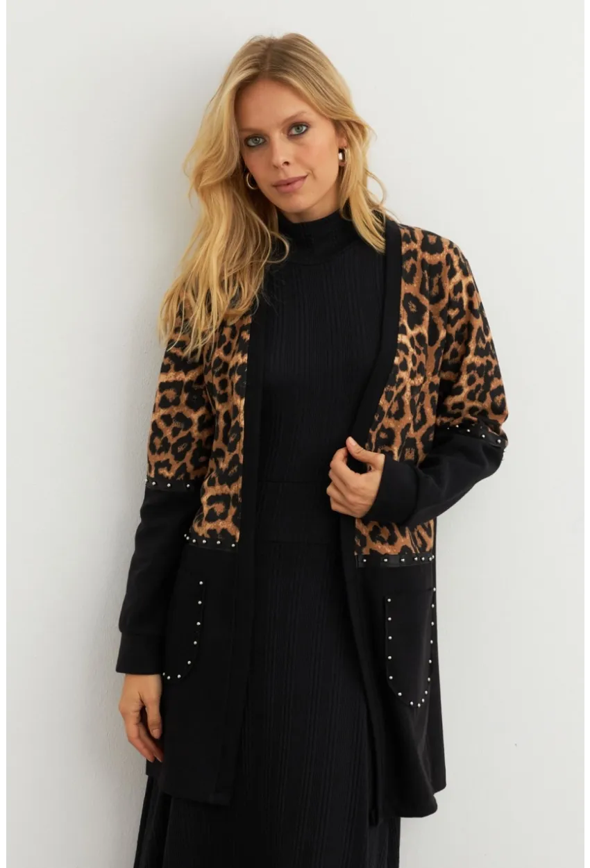 Kadın Siyah Leopar Bloklu Hırka MPK812