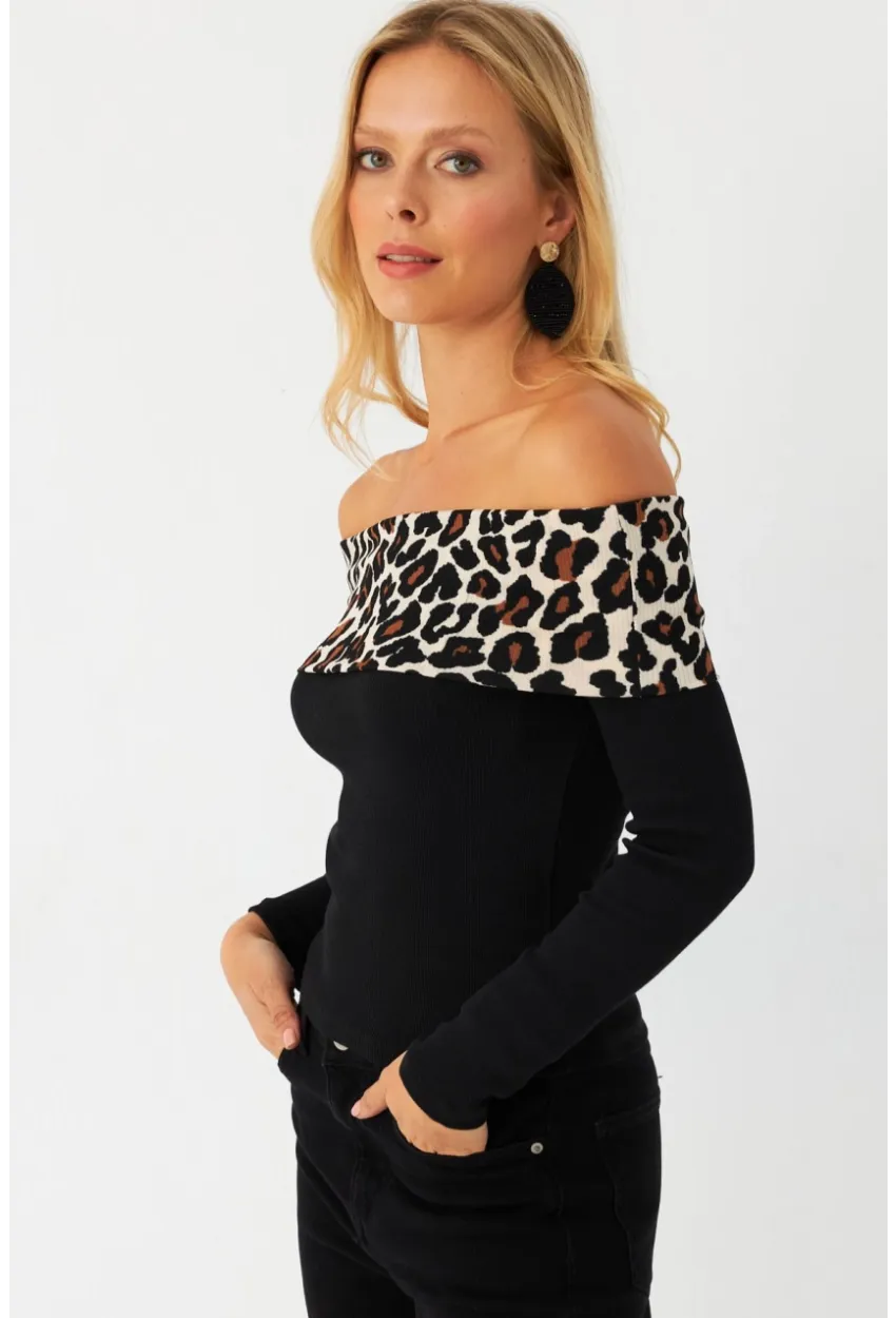 Kadın Siyah Leopar Bloklu Madonna Bluz AYD396