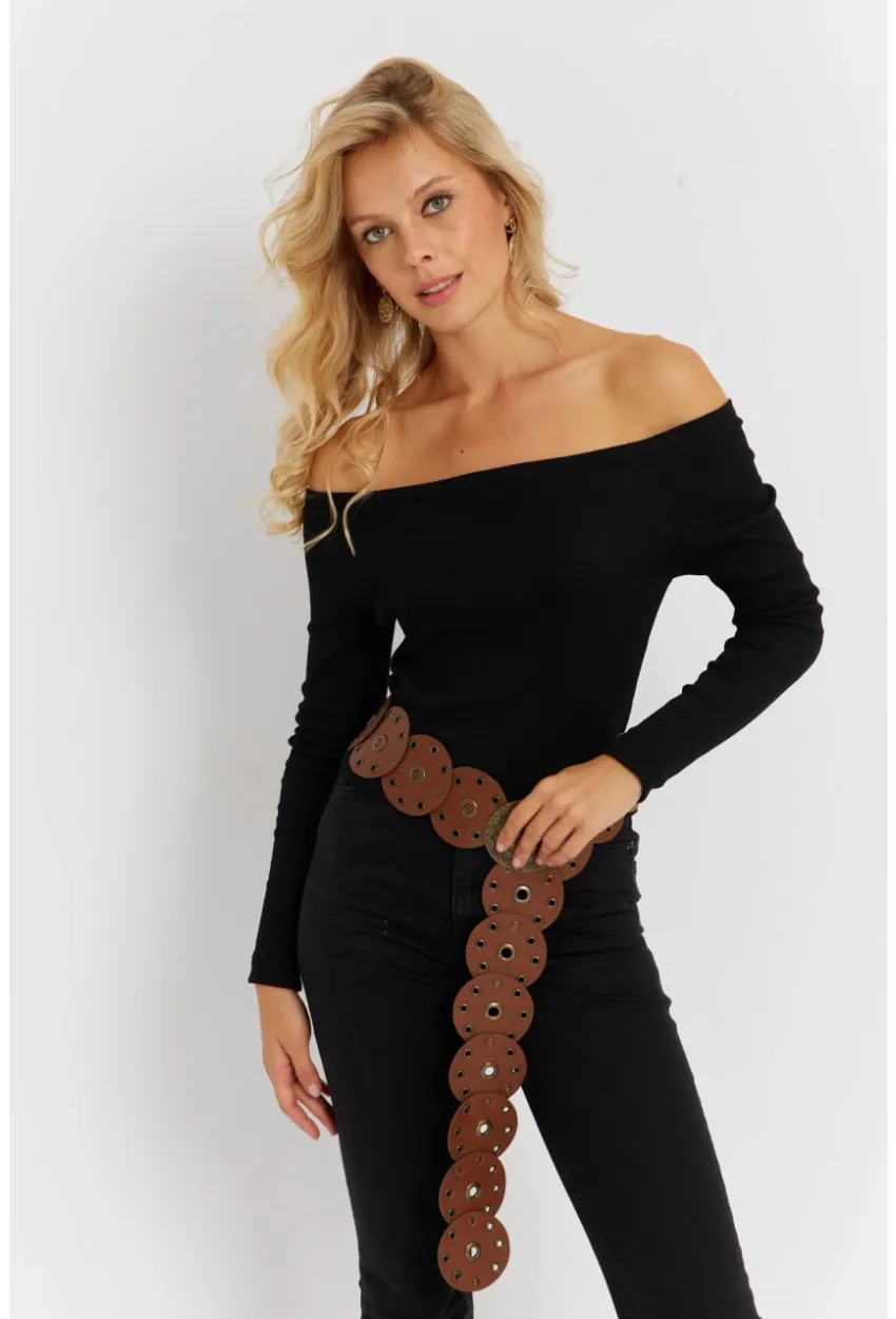 Kadın Siyah Madonna Yaka Kaşkorse Bluz EY2852