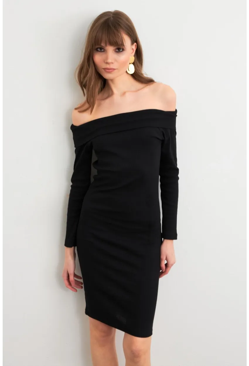 Kadın Siyah Madonna Yaka Kaşkorse Midi Elbise ALB3690