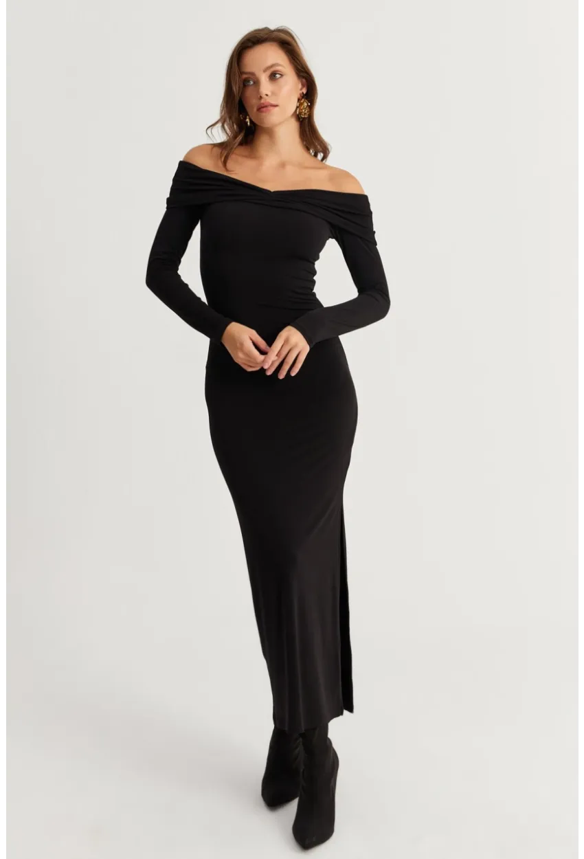 Kadın Siyah Madonna Yaka Maxi Elbise DMR391