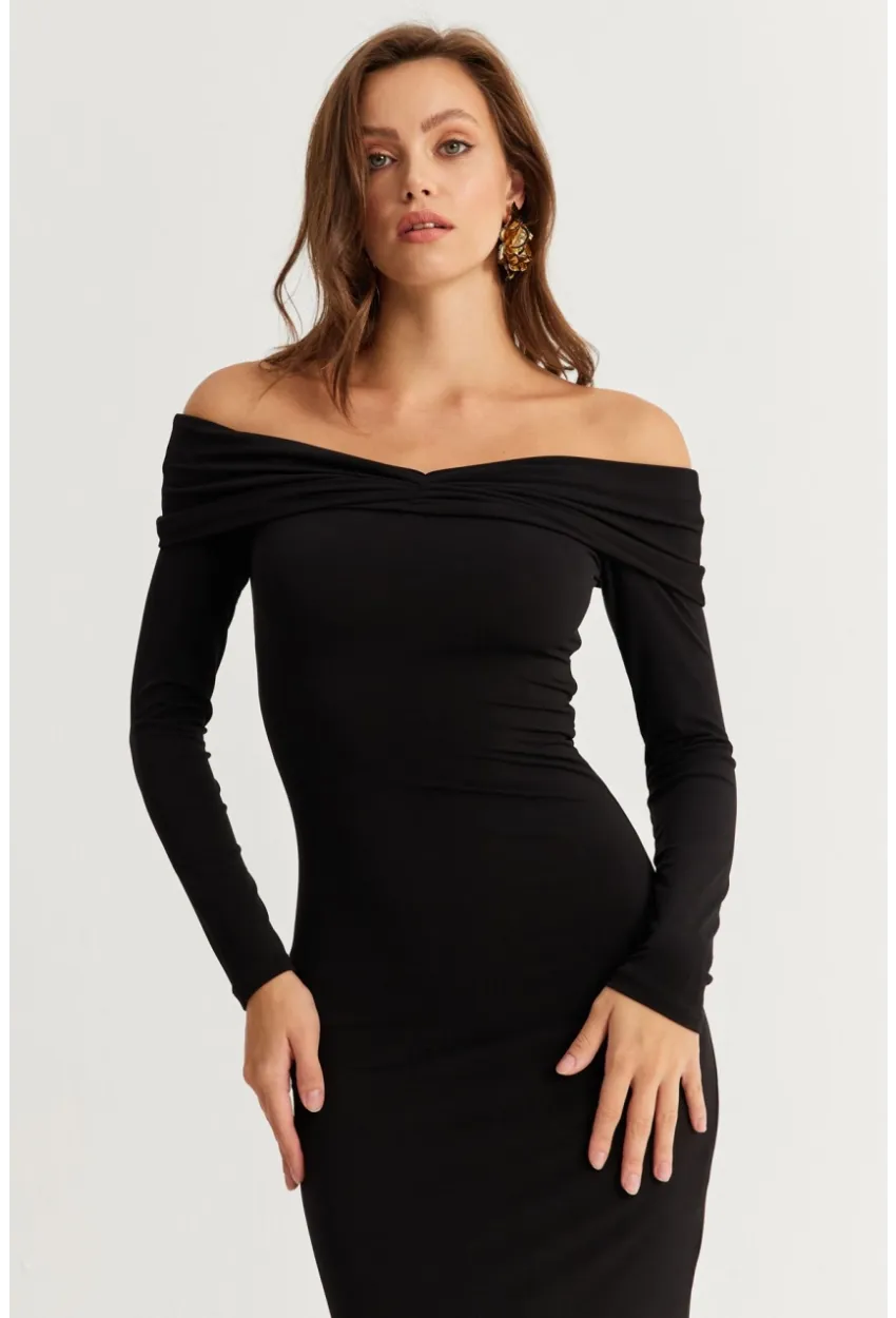 Kadın Siyah Madonna Yaka Maxi Elbise DMR391