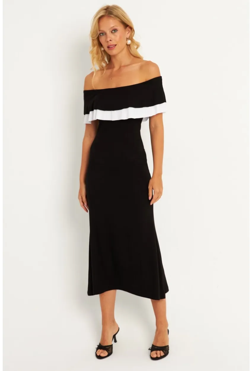 Kadın Siyah Madonna Yaka Midi Elbise EY2840