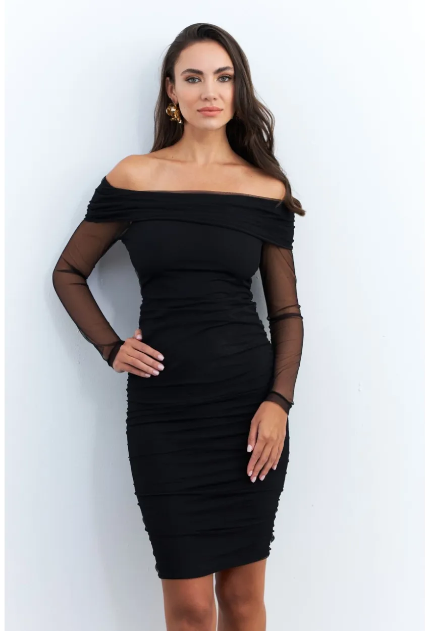 Kadın Siyah Madonna Yaka Midi Tül Yılbaşı Elbise ELT4033