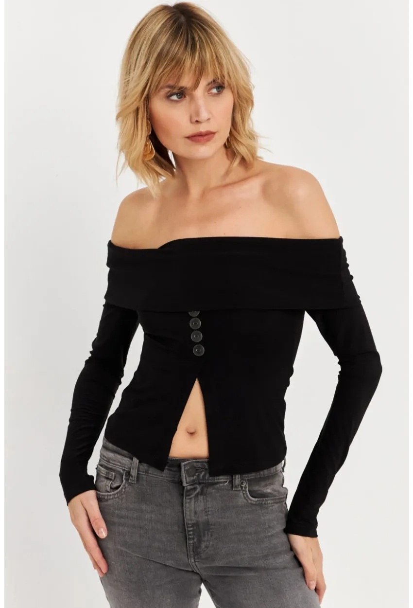 Kadın Siyah Madonna Yaka Yırtmaçlı Crop Bluz ELT4034