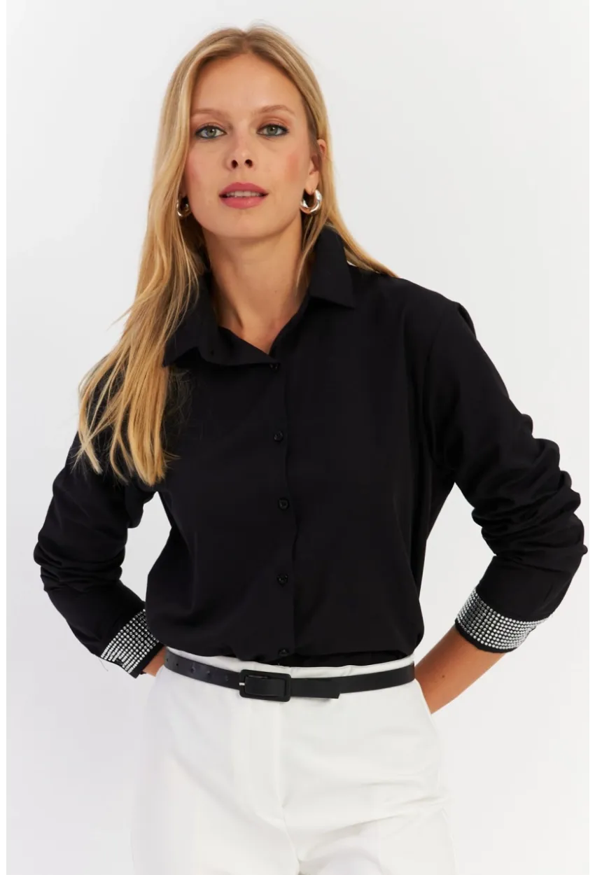 Kadın Siyah Manşeti Taşlı Gömlek ZER415