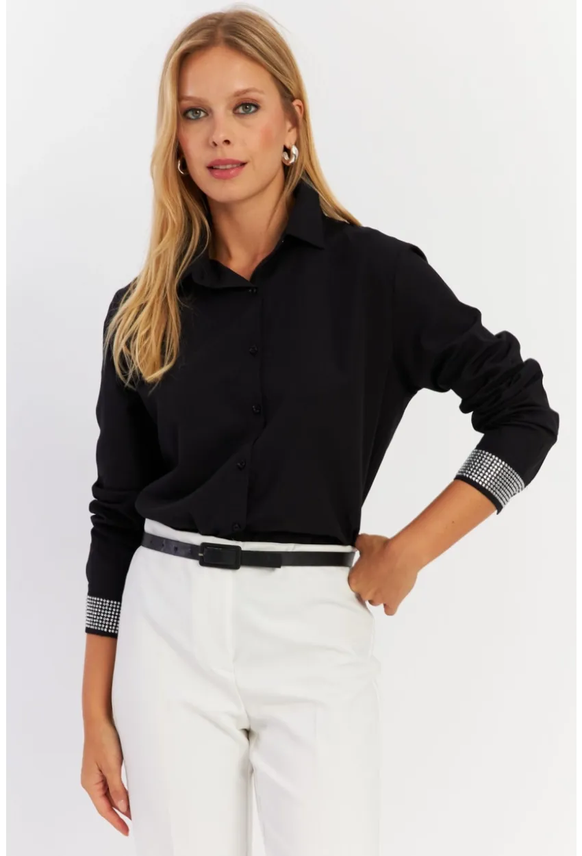 Kadın Siyah Manşeti Taşlı Gömlek ZER415