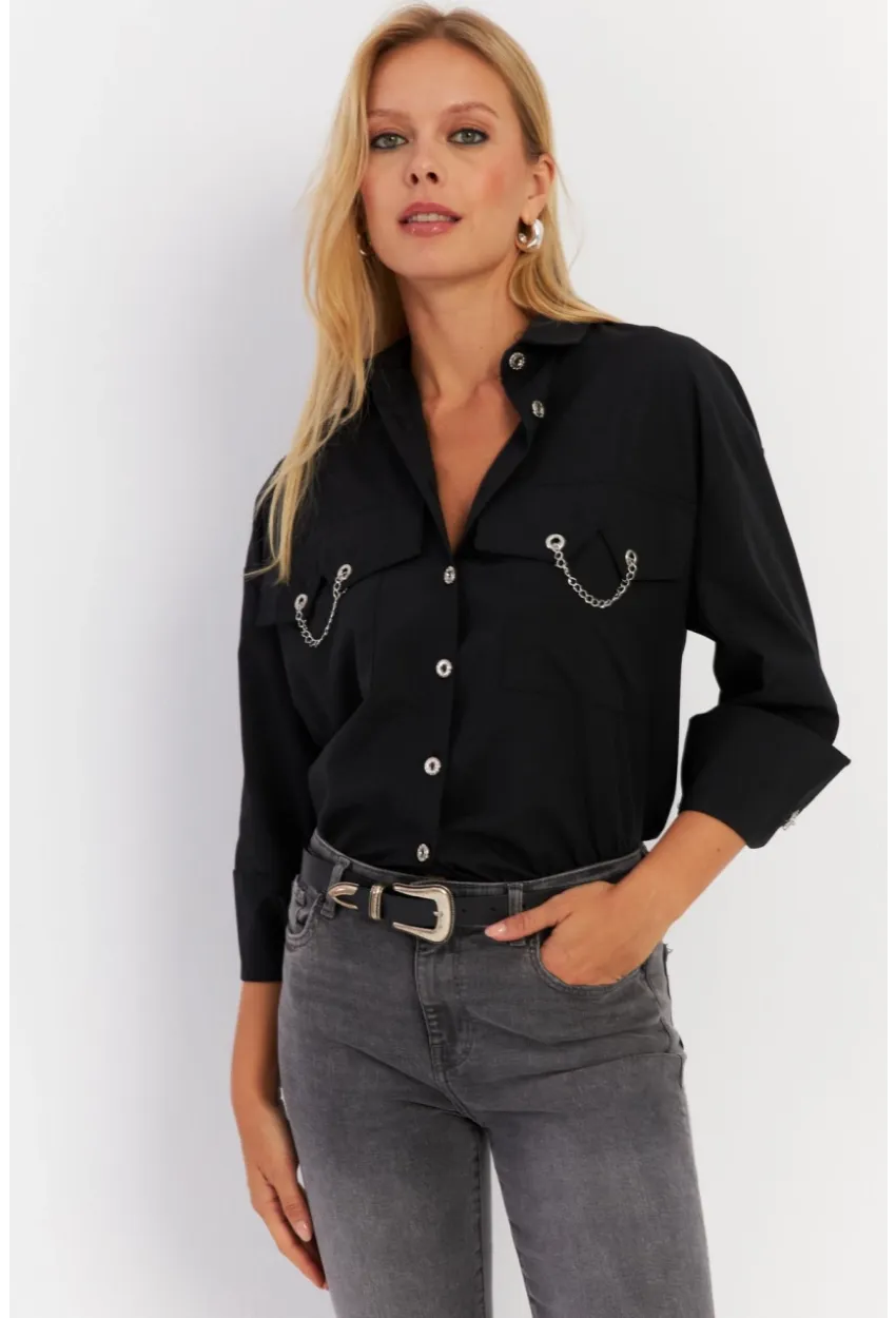 Kadın Siyah Metal Detaylı Gömlek ASF13
