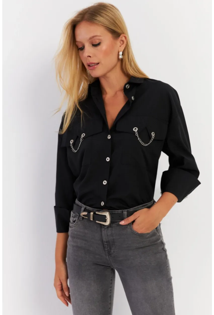 Kadın Siyah Metal Detaylı Gömlek ASF13
