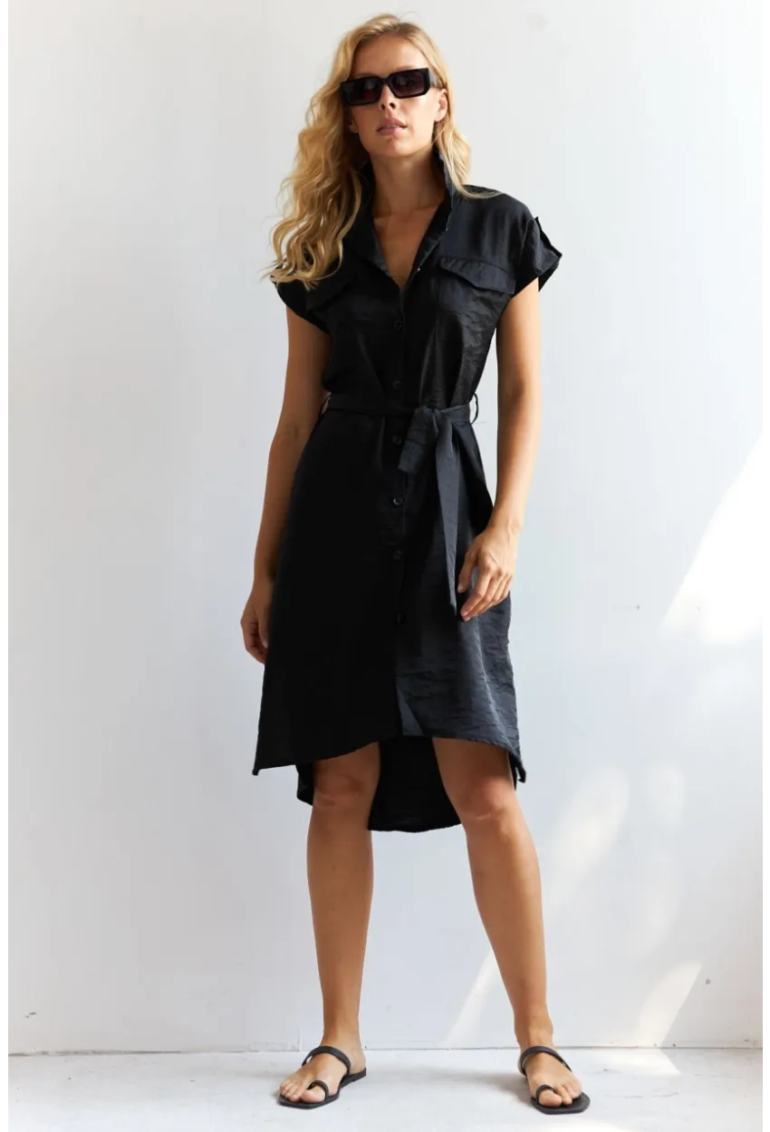 Kadın Siyah Midi Gömlek Elbise PP5509