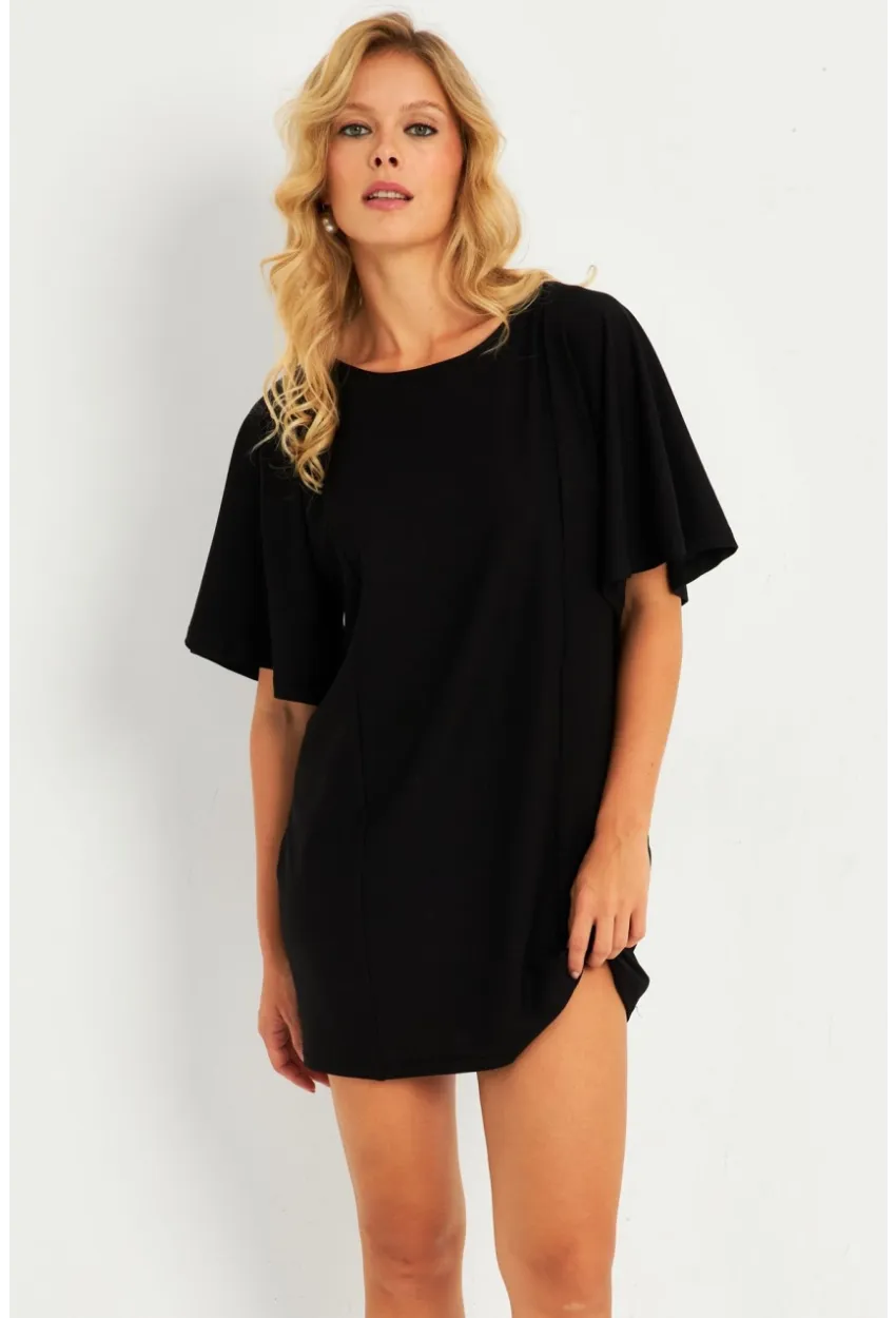 Kadın Siyah Mini Çan Kol Elbise TF05
