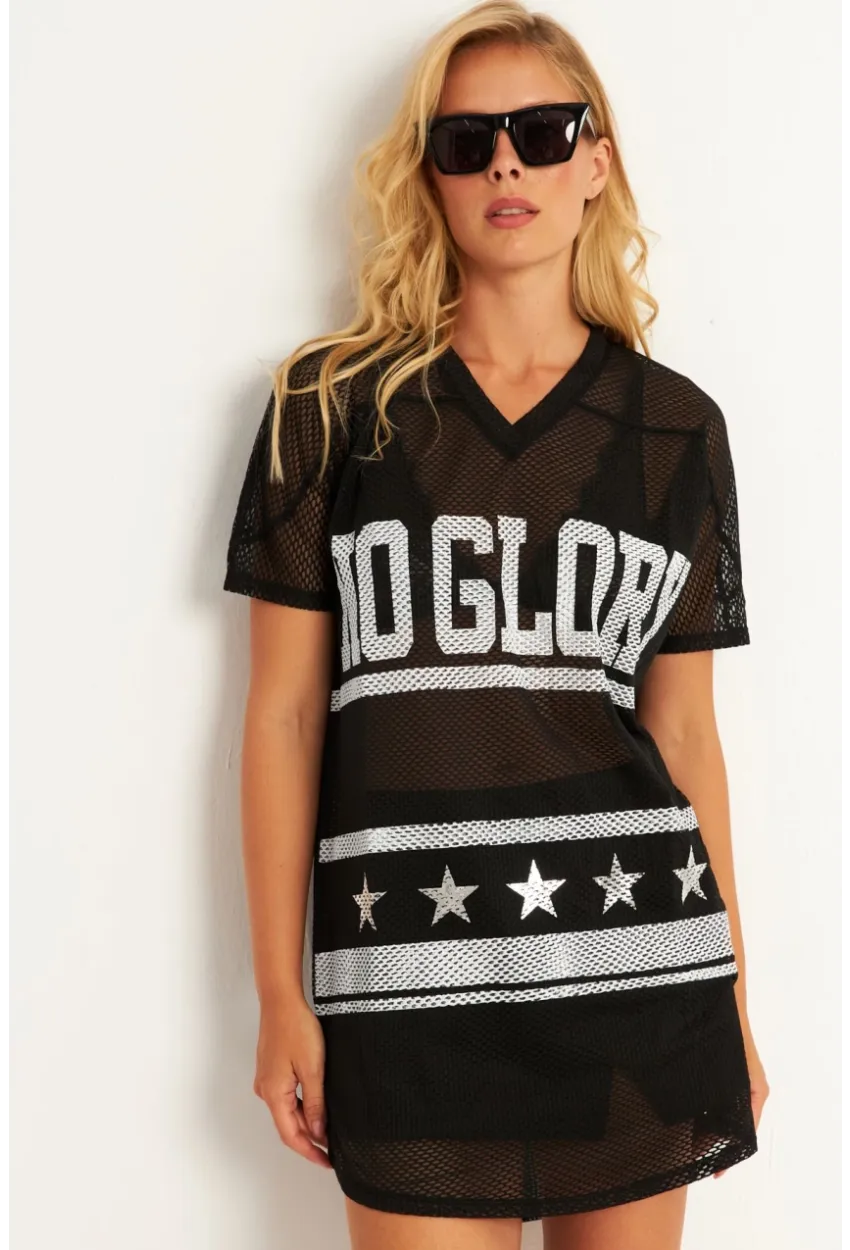 Kadın Siyah Mini File Baskılı Elbise TH1112