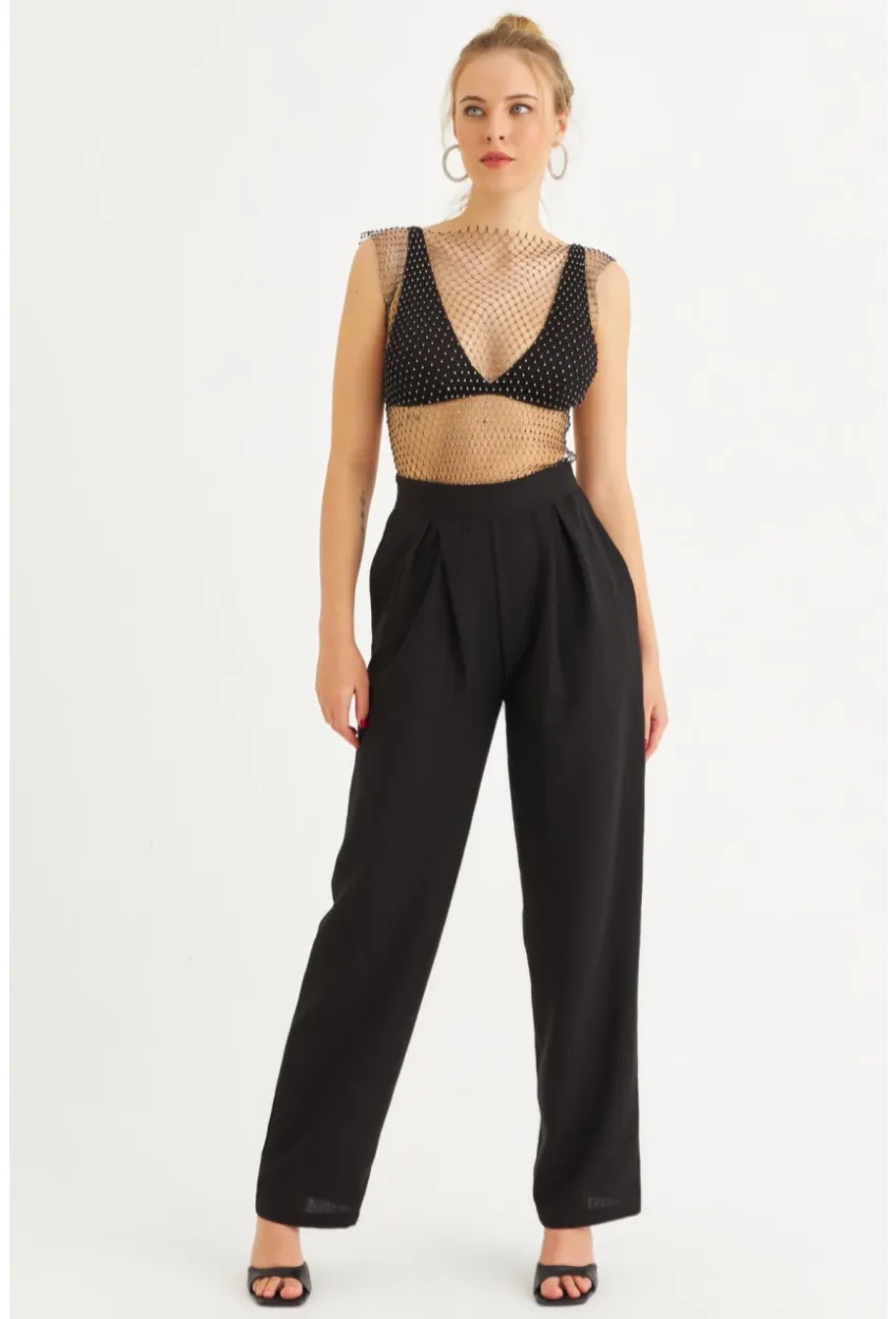 Kadın Siyah Muslin Cepli Pantolon RSP5003