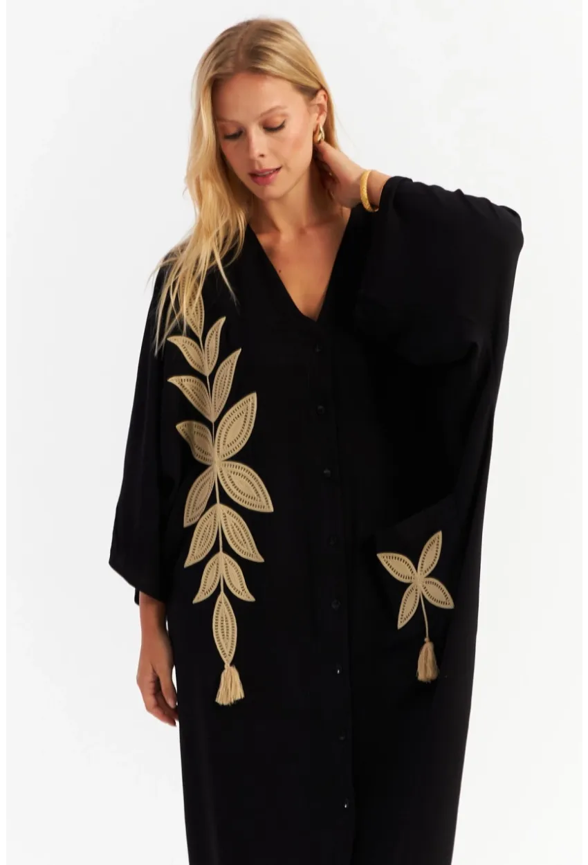 Kadın Siyah Nakışlı Cepli Maxi Elbise ALO13