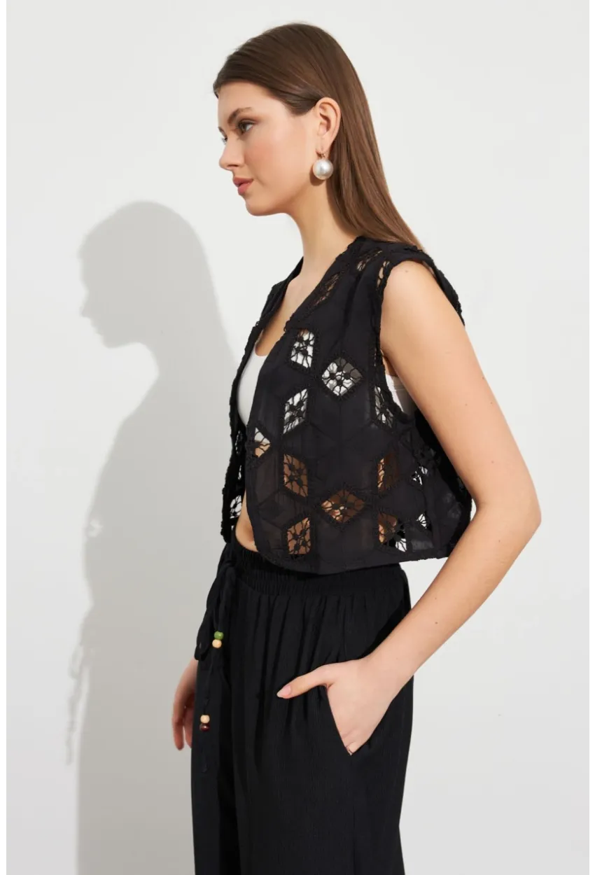 Kadın Siyah Nakışlı Crop Yelek ZH110