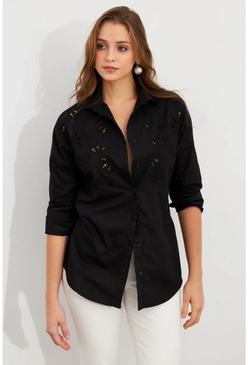 Kadın Siyah Nakışlı Gömlek DAF5017