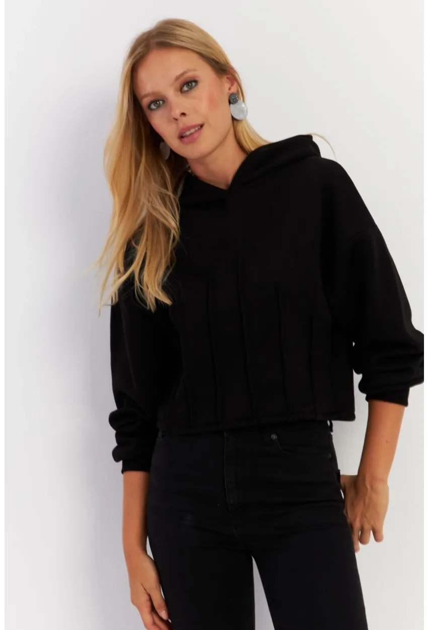 Kadın Siyah Nervüllü Üç İplik Sweatshirt TF13