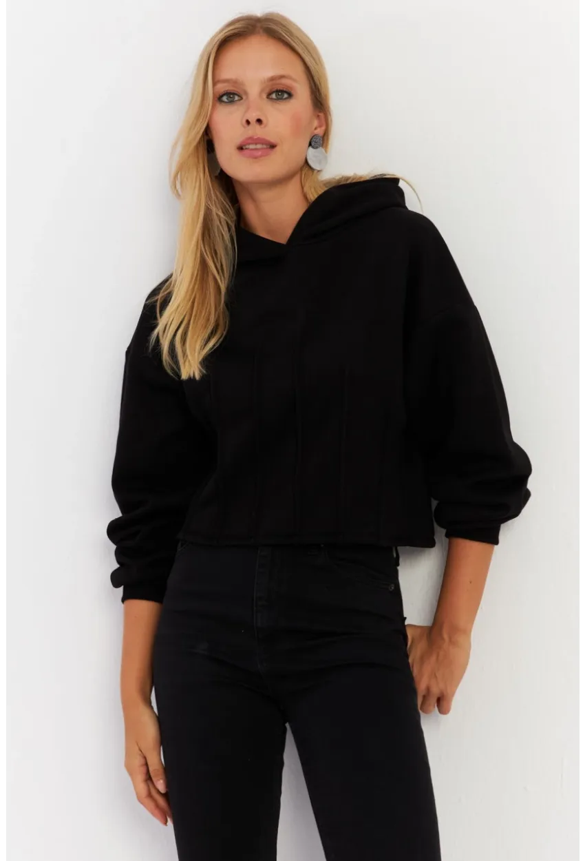 Kadın Siyah Nervüllü Üç İplik Sweatshirt TF13