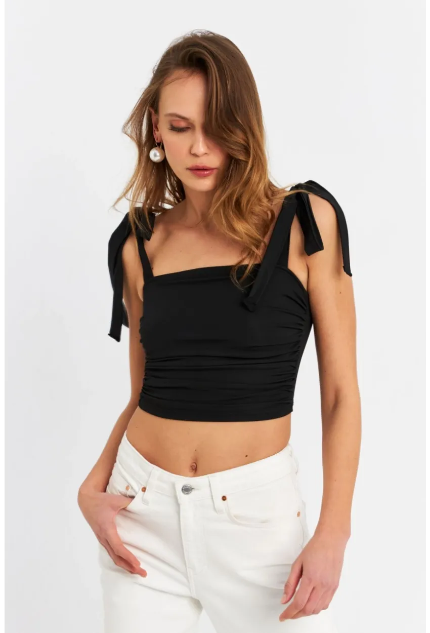 Kadın Siyah Omuz Bağlamalı Crop Bluz B5023-90