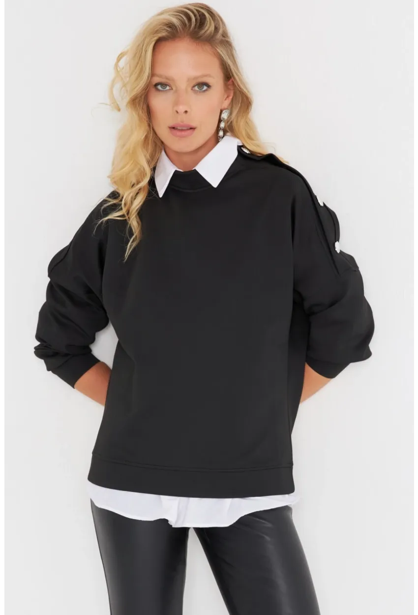 Kadın Siyah Omuz Taşlı Dalgıç Sweatshirt ST824
