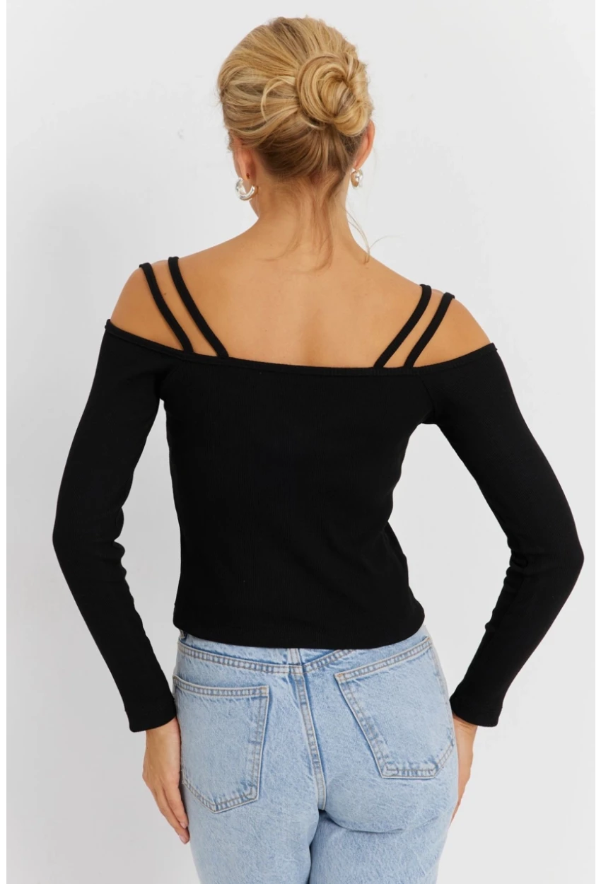 Kadın Siyah Omuzları Açık Kaşkorse Bluz EY2889
