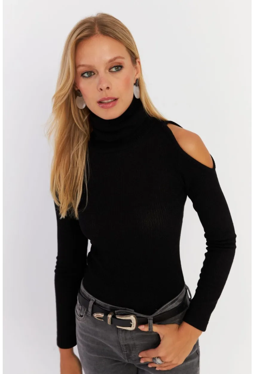 Kadın Siyah Omuzları Açık Kaşkorse Bluz HOR04