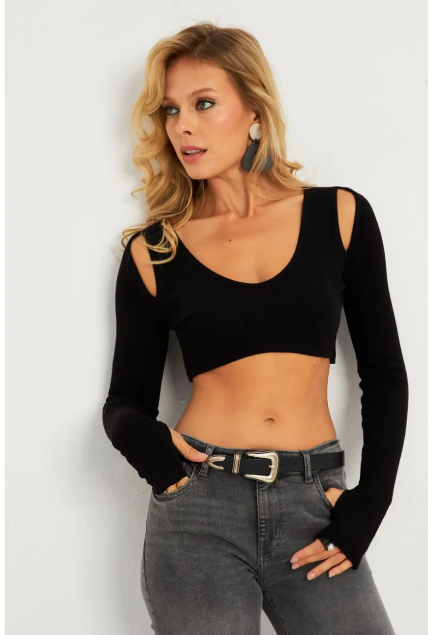 Kadın Siyah Omuzları Pencereli Kaşkorse Crop Bluz B5024