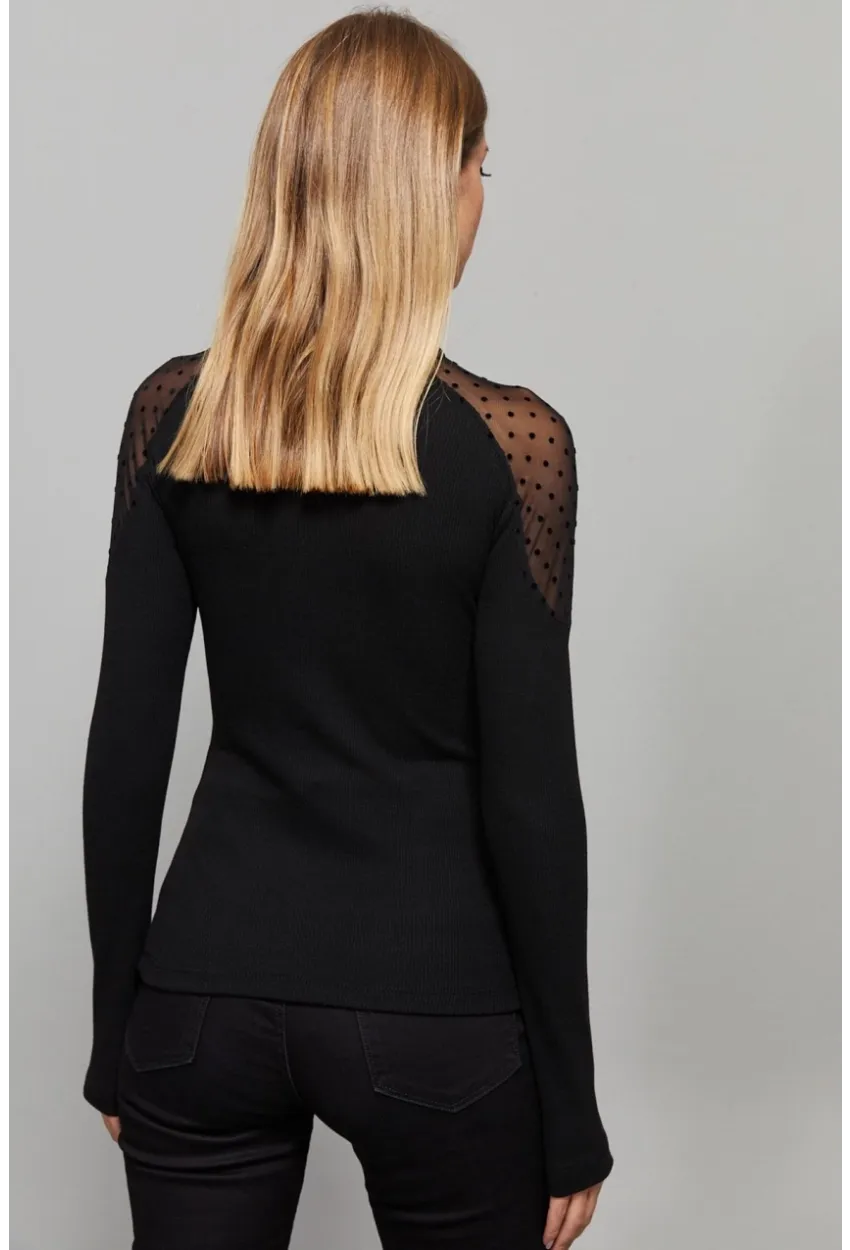 Kadın Siyah Omuzları Puantiyeli Tül Bluz EY1098