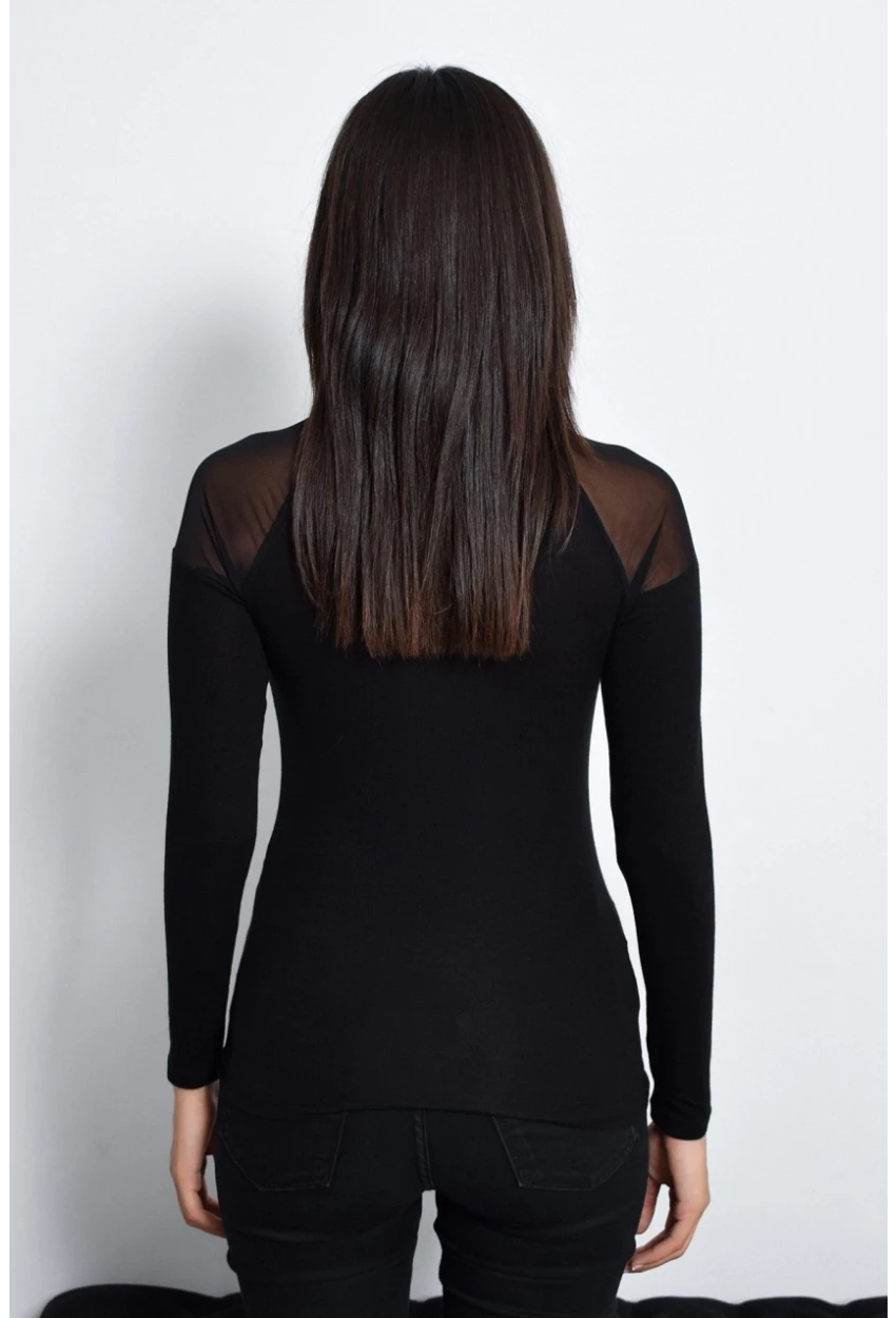 Kadın Siyah Omuzları Tül Bluz TZ2075