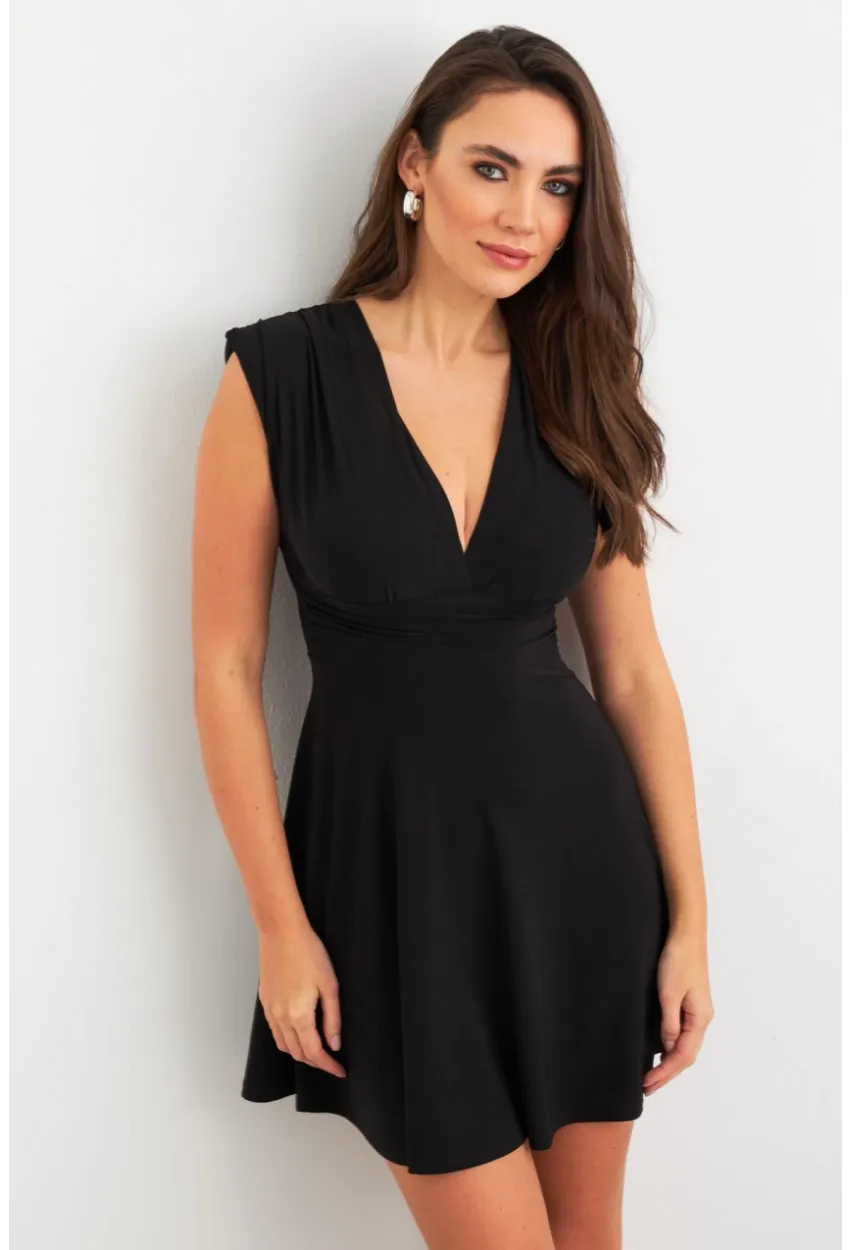 Kadın Siyah Omuzları Vatkalı Kruvaze Mini Elbise ELT3678