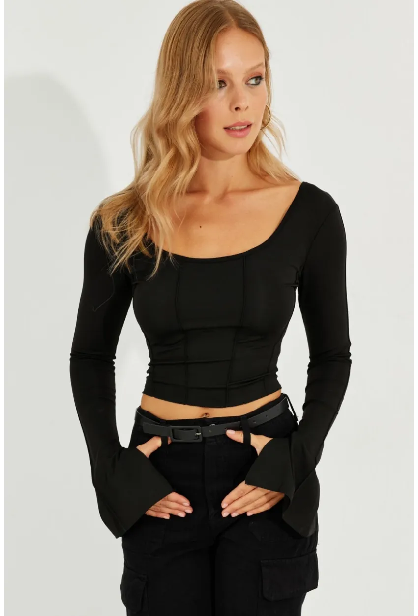 Kadın Siyah Ön Arka U Crop Bluz CG302
