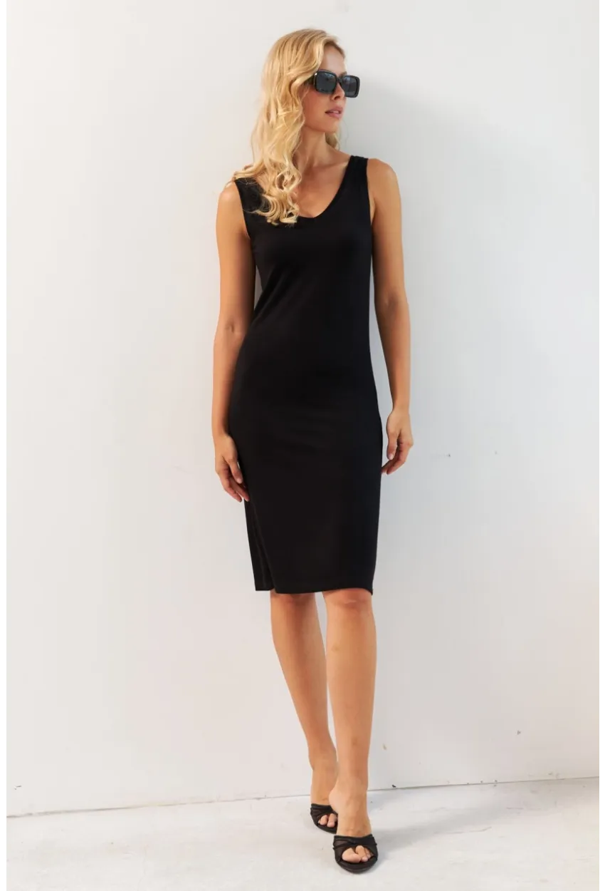 Kadın Siyah Ön Arka V Midi Elbise RX440