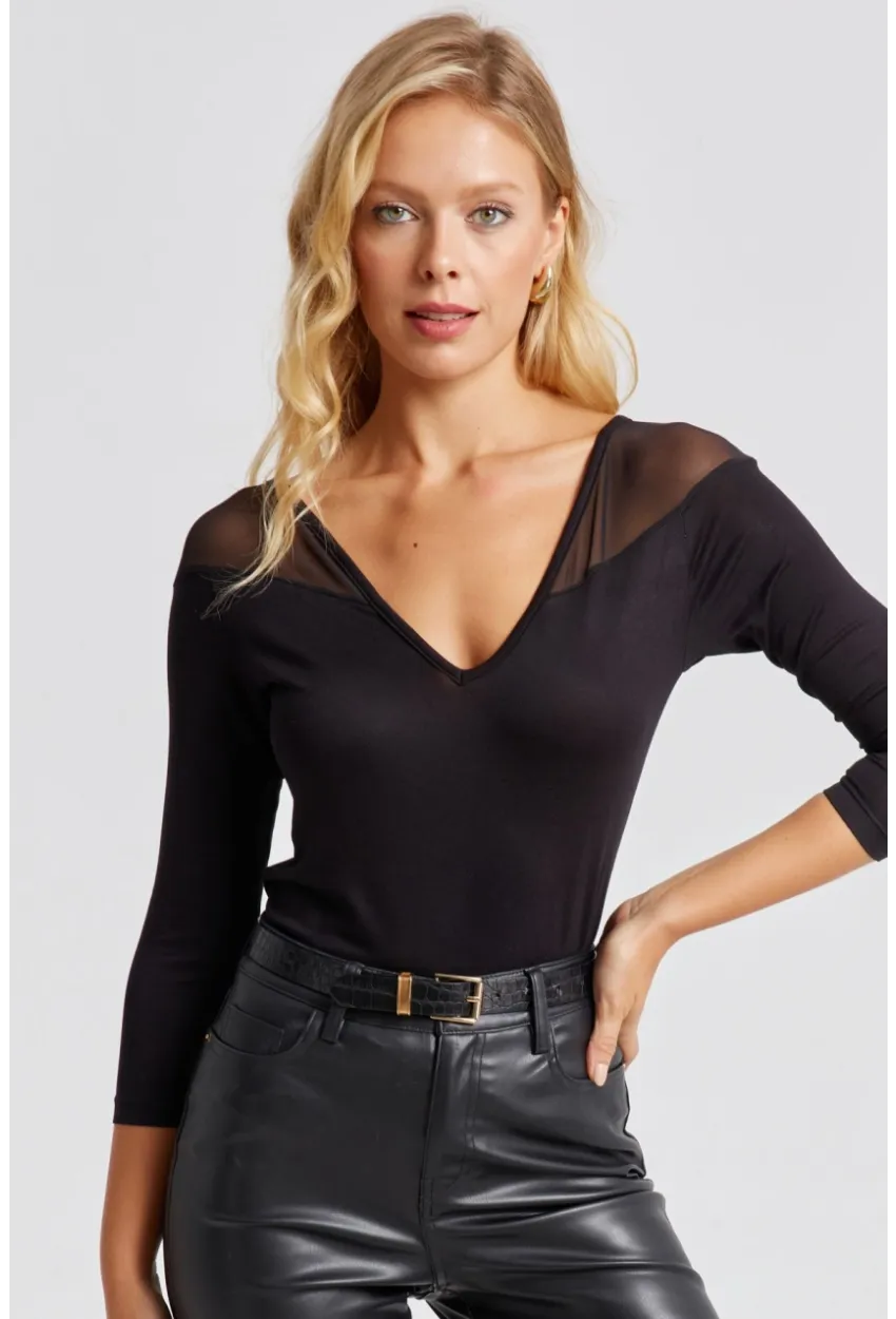 Kadın Siyah Ön Arka V Tül Detaylı Bluz Yİ2502