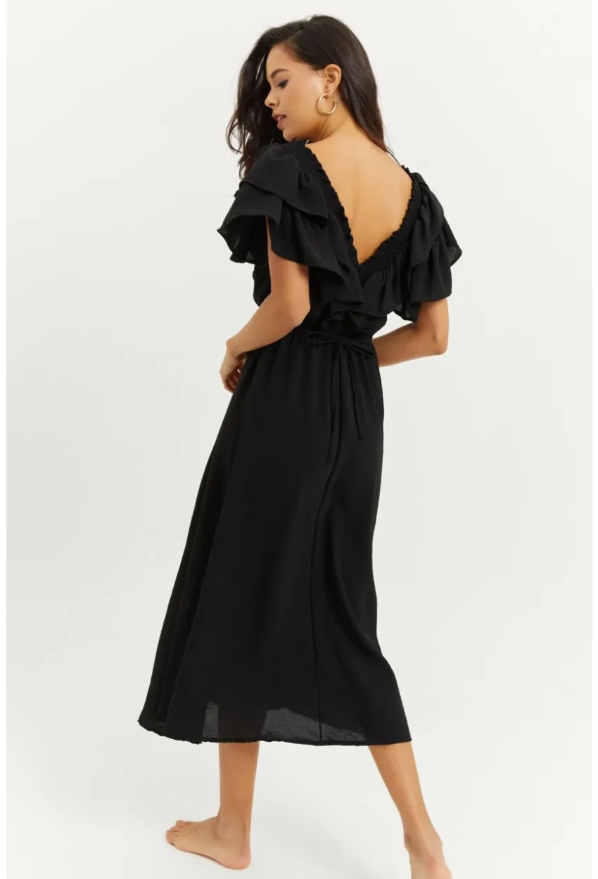 Kadın Siyah Ön Arka V Volanlı Elbise KS113