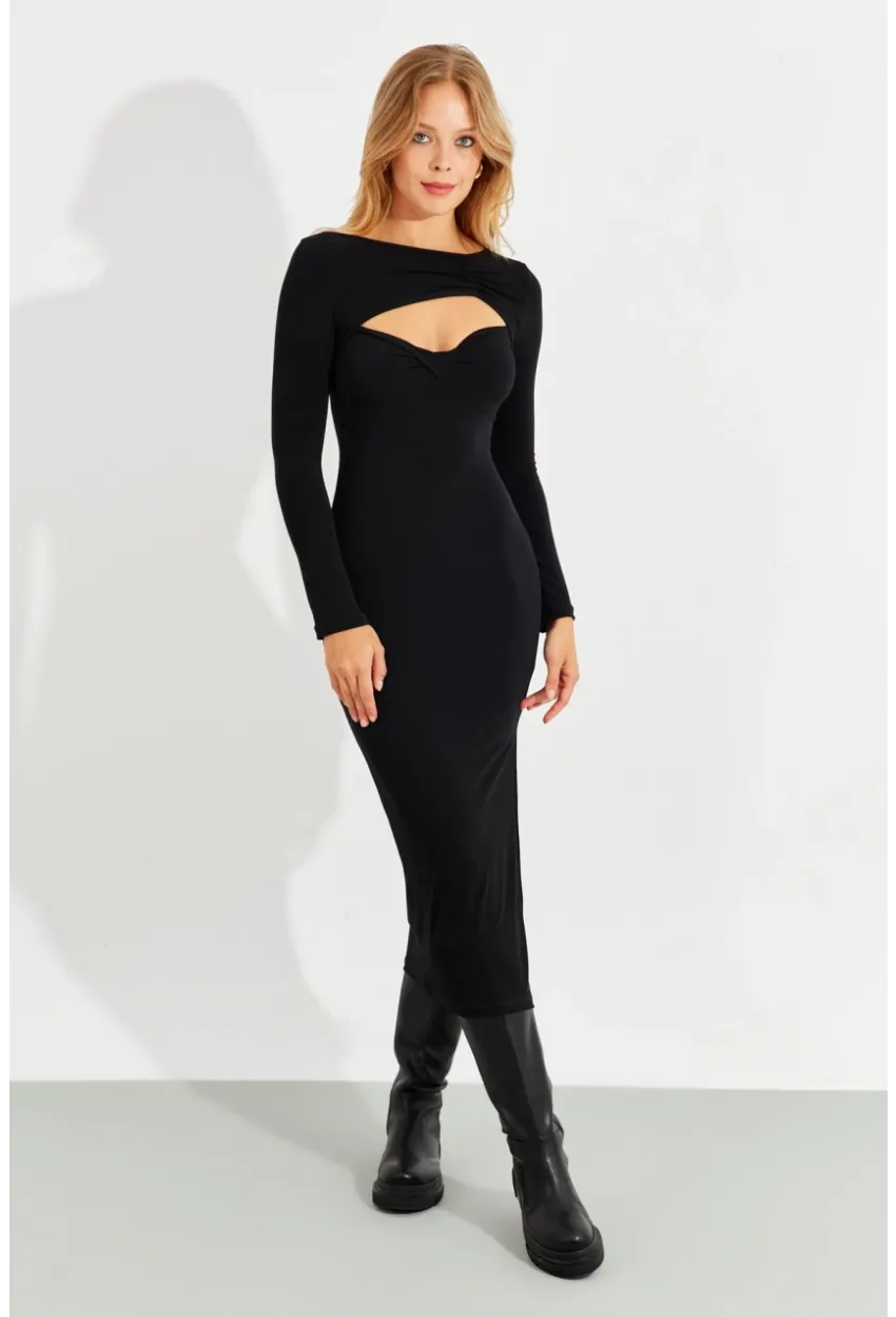 Kadın Siyah Önü Açık Yırtmaçlı Midi Elbise B225