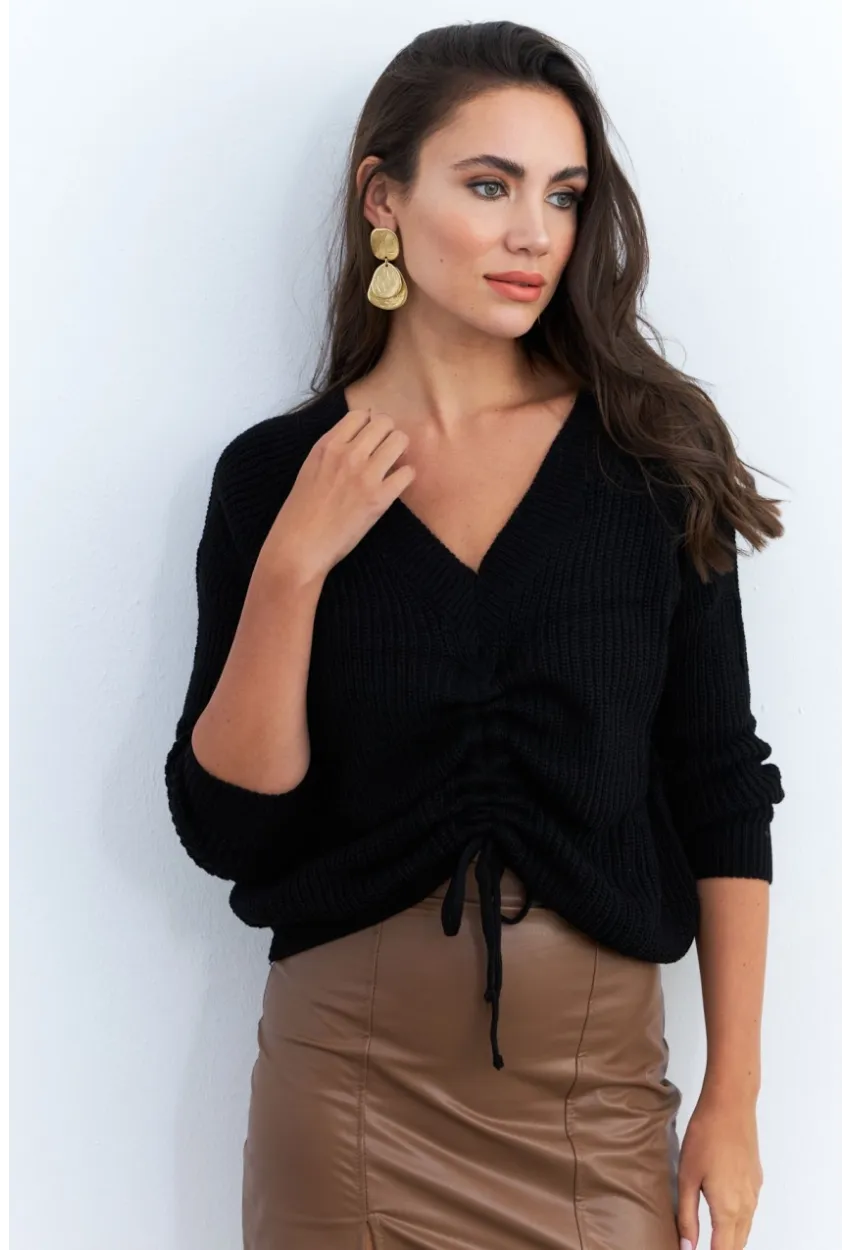 Kadın Siyah Önü Arka V Önü Büzgülü Kazak KAZ29