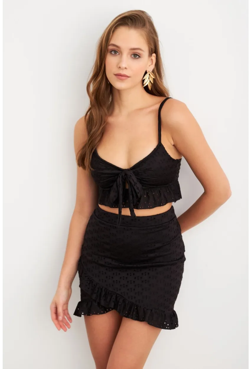 Kadın Siyah Önü Bağlamalı Mini Etekli Takım LİT1088