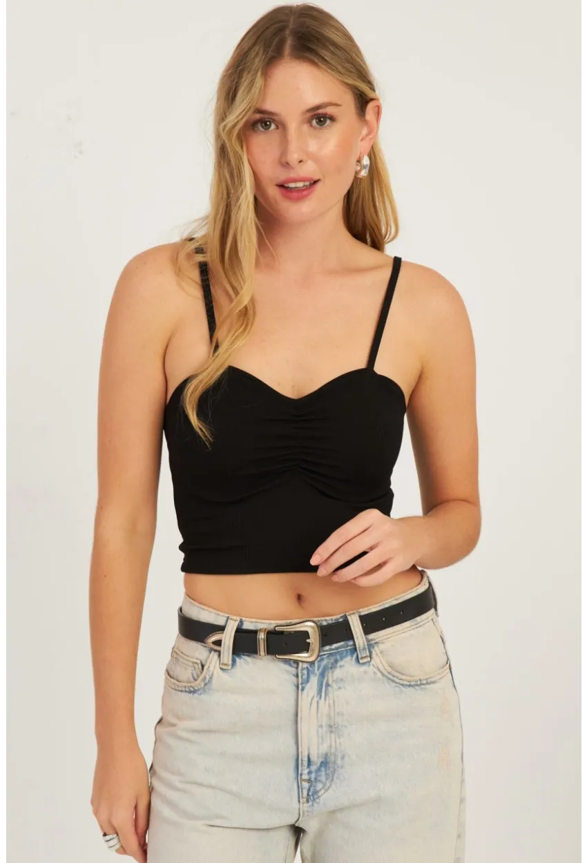 Kadın Siyah Önü Büzgülü Crop Bluz CG339