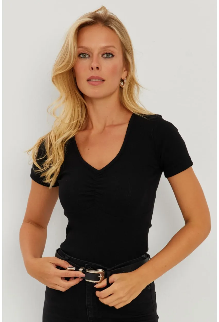 Kadın Siyah Önü Büzgülü V Yaka Bluz AYD309