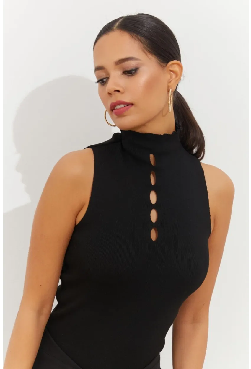 Kadın Siyah Önü Damla Kolsuz Triko Bluz YV112