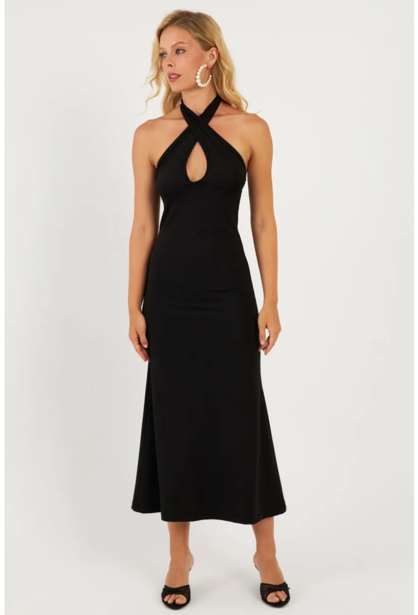 Kadın Siyah Önü Damla Midi Elbise EY2847