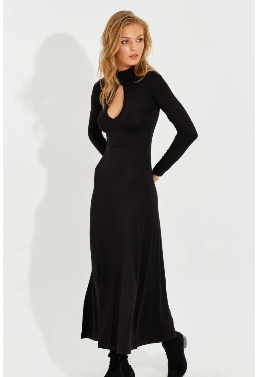 Kadın Siyah Önü Damla Yırtmaçlı Midi Elbise EY2575