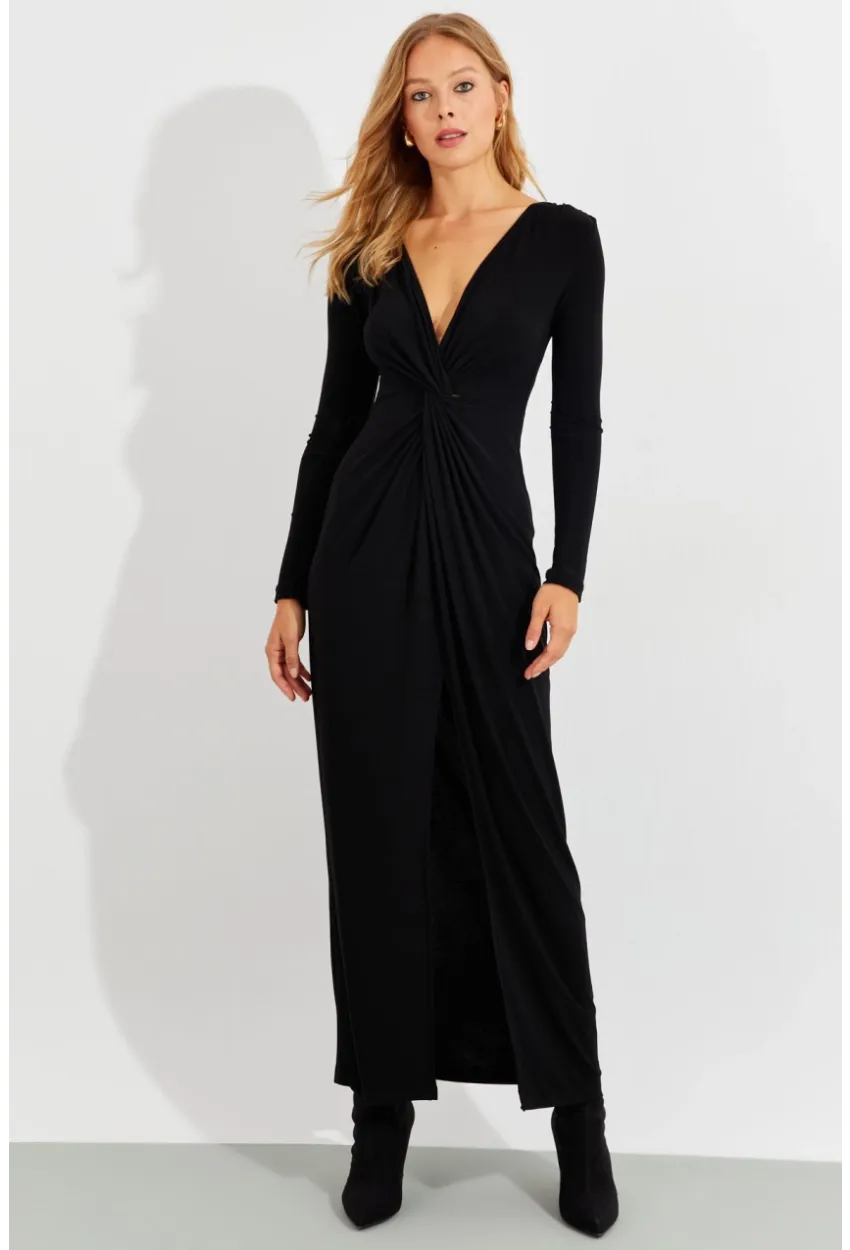 Kadın Siyah Önü Düğümlü Maxi Elbise BK1708
