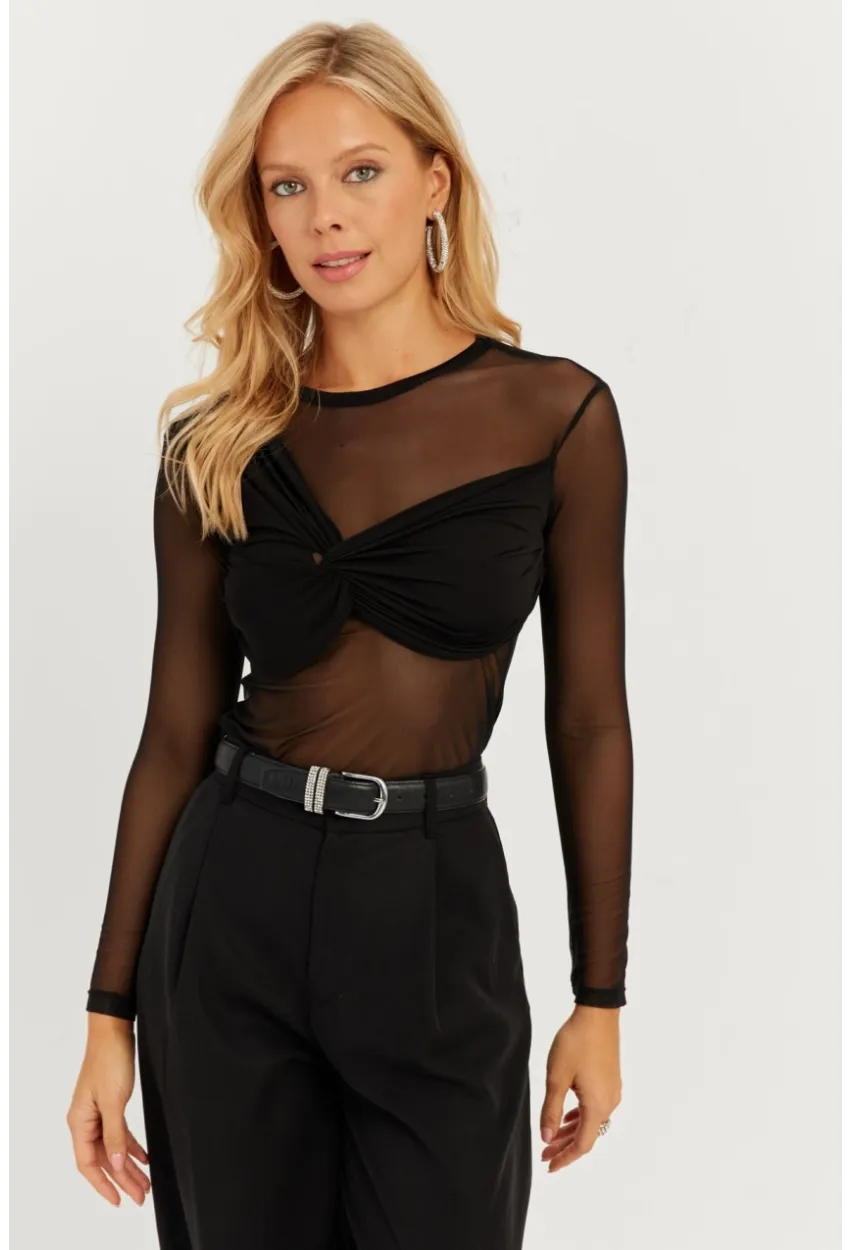 Kadın Siyah Önü Düğümlü Tül Bluz KS118