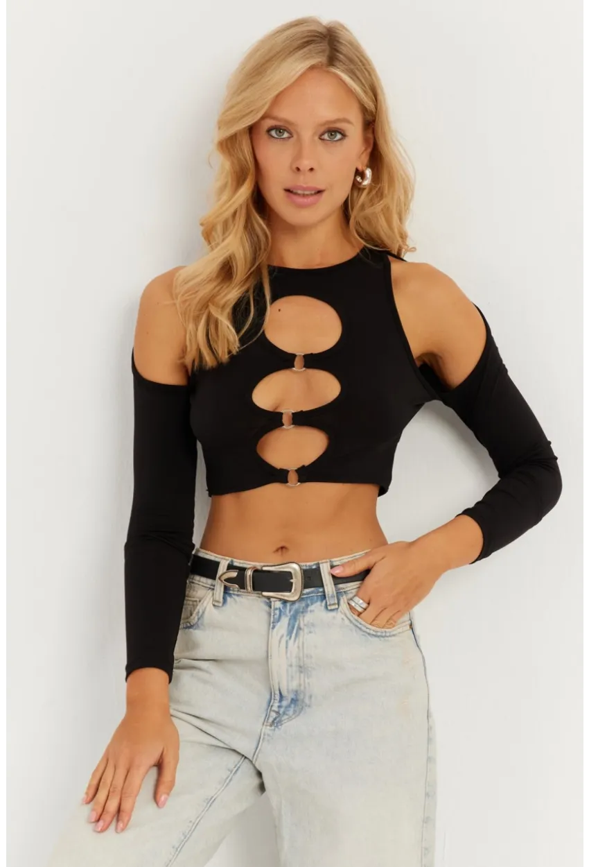 Kadın Siyah Önü Halkalı Crop Bluz MEN2038